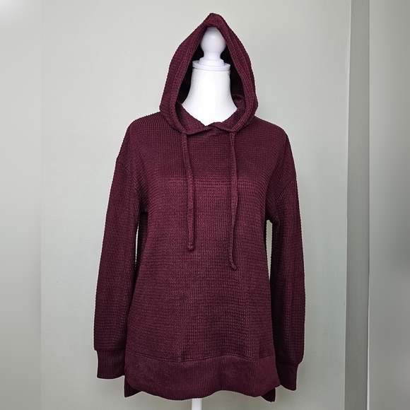SO Cozy Waffle Knit Tunic Hoodie Sweater XS MAROON BURGUNDY WINE - Picture 3 of 7